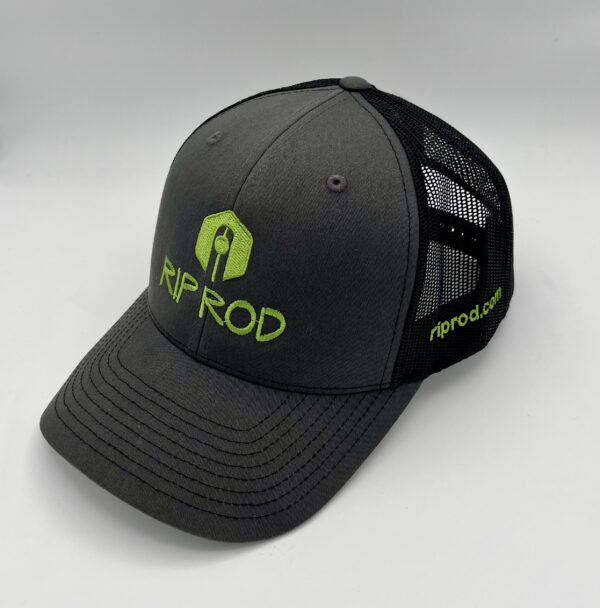 The Rip Rod Trucker Cap is a dark gray hat with a black mesh back, neon green "RIP ROD" logo, and "riprod.com" on the side.